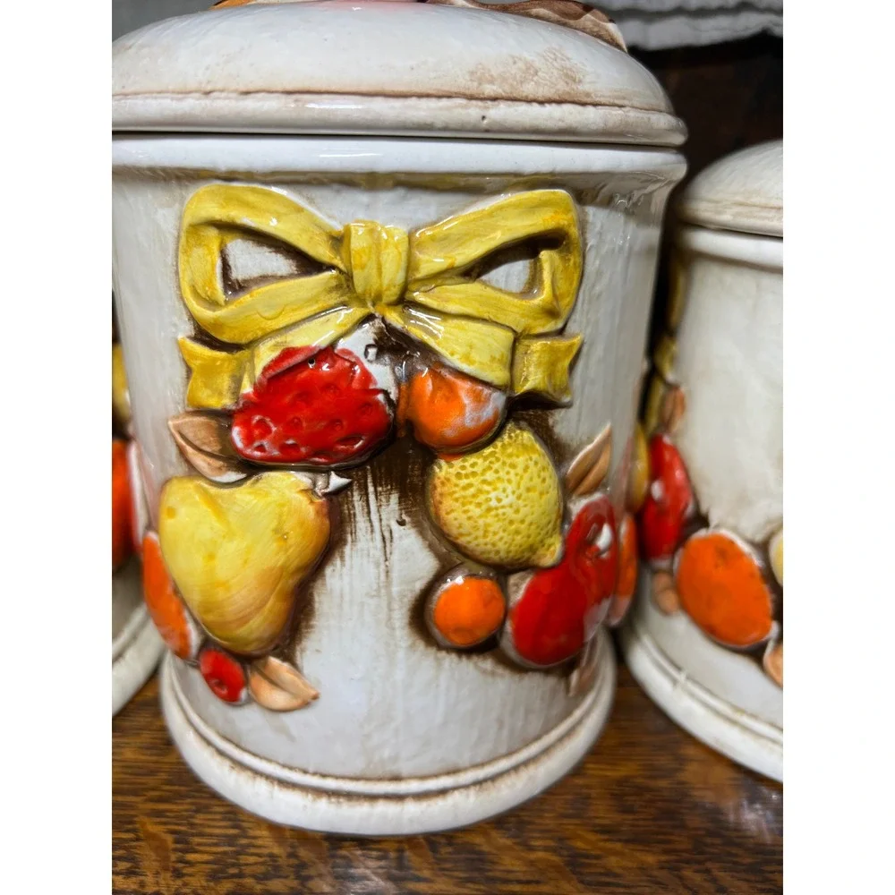 VTG Napcoware Japan 4 Piece Ceramic Fruit Canister Set Cream Grannycore